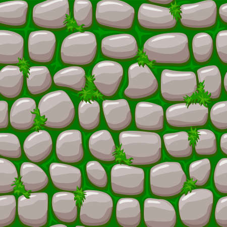 Gray old stone on grass texture, vector cartoon seamless backgroundのイラスト素材