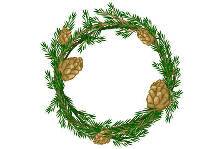 Cartoon traditional vector Merry Christmas wreath, spruce with bigwigsのイラスト素材