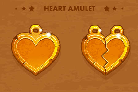 Illustration cartoon golden heart love amulets. Vector assets for game designのイラスト素材