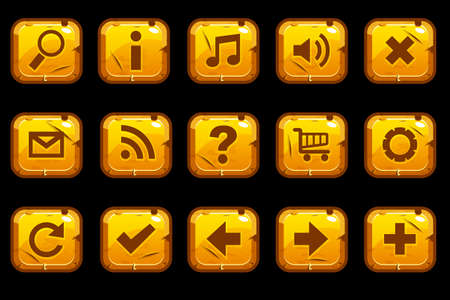 Cartoon gold old blue square buttons with different elements for web or game design.のイラスト素材