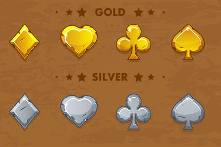 Peak, tref, chirva and tambourine, old golden and silver icons of playings cardsのイラスト素材