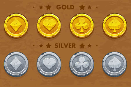 Peak, tref, chirva and tambourine, old golden and silver coins Poker simbolsのイラスト素材