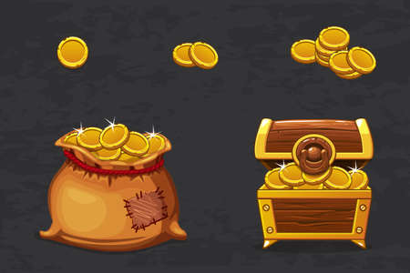 Gold treasures. Open old bag and wooden chest. Ancient pirate money for winner. Vector cartoon illustration old coins icons for web, gamesのイラスト素材