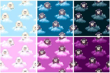 Seamless pattern with cute funny sheeps on sky, colored clouds. Cartoon Vector backgroundのイラスト素材