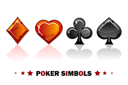 Peak, tref, chirva and tambourine, red and blak old Poker symbols of playing cards. Icons for game assetsのイラスト素材