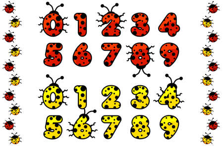 red and yellow ladybug numeral. Figure number, education cards kidsのイラスト素材