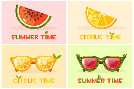 Citrus orange and Watermelon glasses. Vector Set Hello Summer time,のイラスト素材