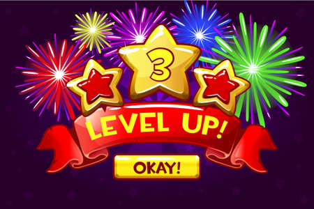 Achievement screen, cartoon icon Level up and button. Vector GUI elements. Icons for game designのイラスト素材