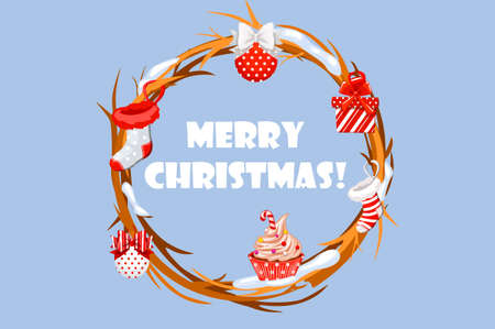 Cartoon vector greeting card, circle of twigs with Christmas attributes, sock, gift, cupcake and balls.のイラスト素材