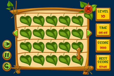 Vector interface Match3 Games and buttons in wooden style, GUI Graphic Assetsのイラスト素材