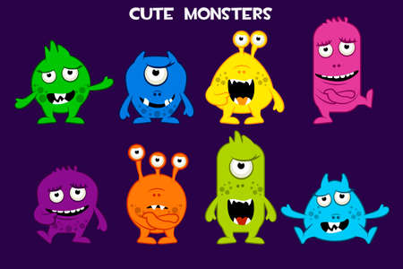 Vector collection of cute cartoon monsters, colorful and funny charactersのイラスト素材