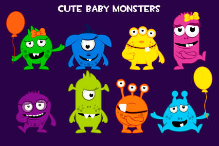 Vector collection of cute cartoon baby monsters, colorful. Set funny bacteria charactersのイラスト素材