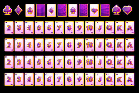 Cartoon Violet Poker playing cards, full deck and card symbols for slot machines and a lottery....