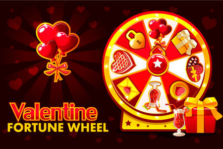 Cartoon St. Valentine lucky roulette, spinning fortune wheel. Holiday icons and symbols, vector illustration. Game assetsのイラスト素材