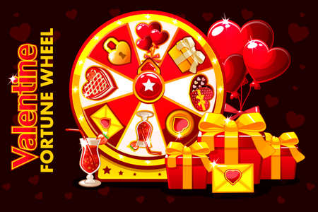 Cartoon St. Valentine lucky roulette, spinning fortune wheel. Holiday icons and symbols. Game assetsのイラスト素材