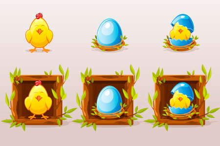 Cartoon isolated blue eggs and chicken in square of twigs. Web icons and mobile app design. Vector illustration.のイラスト素材