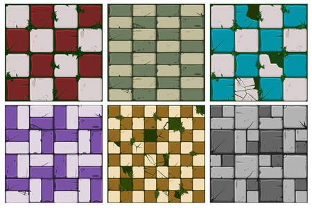 Texture of old stone tiles, seamless background stone wall and grass. Illustration for user interface of the game element. Set 1 of 2のイラスト素材