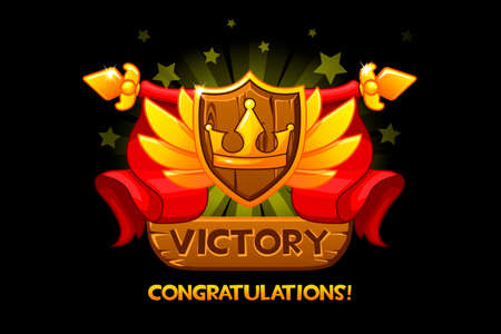 Receiving the cartoon achievement game screen. Vector Award Shield icon. For game, user interface, banner, application, game development. Objects on a separate layer.のイラスト素材