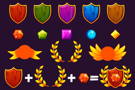 Awards Shield and Gems set, Constructor to create kit different Awards. For game, user interface, banner, application, interface, slots, game development. Vector objects on a separate layer.のイラスト素材