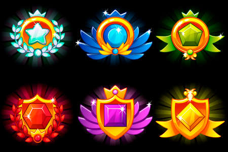 Receiving achievement, vector templates Awards and precious stone. For game, user interface, banner, application, interface, game development. Icons on a separate layerのイラスト素材
