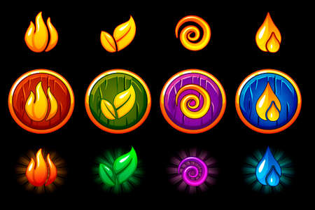 Four elements nature icons, wooden round Shield set. Wind, fire, water, earth symbol. Objects on a separate layerのイラスト素材