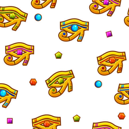 Seamless pattern Egypt Eye of Horus with colored precious gems, vector golden icon.のイラスト素材