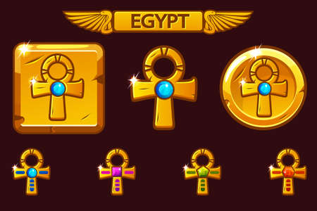 Vector Golden Cross Ankh with colored precious gems. Receiving achievement, vector templates Egyptian Awards. Icons on separate layers.のイラスト素材