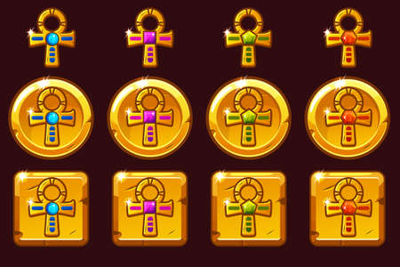Vector Golden Cross Ankh with colored precious gems. Egyptian golden icons in different versions on separate layers.のイラスト素材