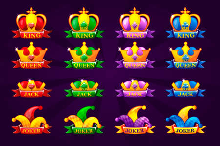 Playing cards icons with crown and ribbon. Poker symbols for casino and GUI graphic. King, queen, jack, ace and joker. Fortune chance jackpot. Vector collection set objects on separate layers.のイラスト素材