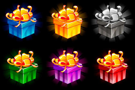 Gift box in different colors. Cartoon isometric Gifts vector bonus icons for UI game resources. Objects on separate layers.のイラスト素材
