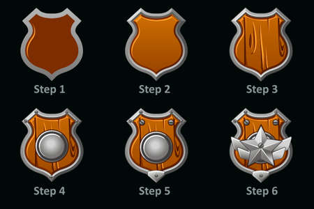 Shield icons. Step-by-step drawing of wooden military protective shieldのイラスト素材