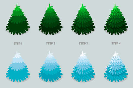 Christmas tree, cartoon design. Vector Christmas trees isolated 4 step by step drawing on gray background.のイラスト素材
