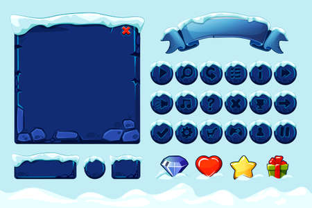Winter game ui stones buttons with snow. Vector set stone assets, Interface, icons and buttons For Ui Gameのイラスト素材
