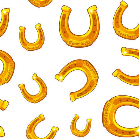 Seamless pattern of small and large golden horseshoes in a scatter.のイラスト素材