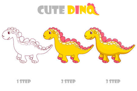 Step by step coloring girly orange cute dino.のイラスト素材