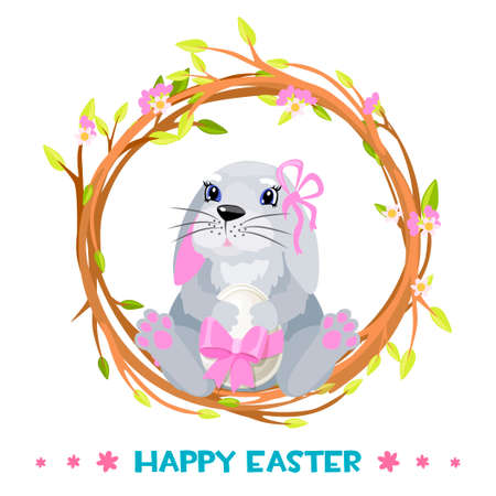 Rabbit in a wreath for happy easter with egg.のイラスト素材