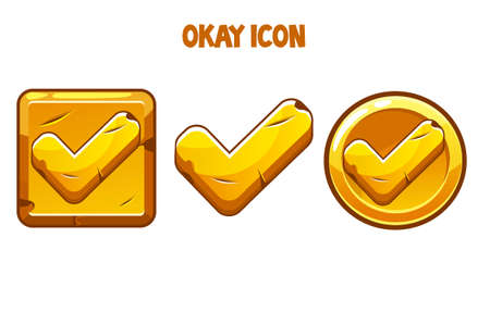 Set of gold icons okay with a check mark. Golden buttons round and square for interface or game.のイラスト素材