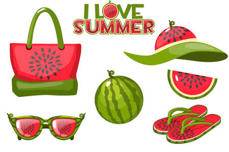Set of beach objects from watermelon and summerのイラスト素材