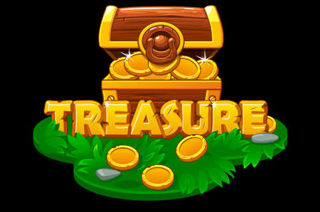 An open treasure chest on an isometric grass platform. Wooden chest with gold coins on the island for the game.のイラスト素材