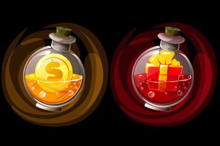 Set of isolated elixir bottles with gift and coin icons.のイラスト素材