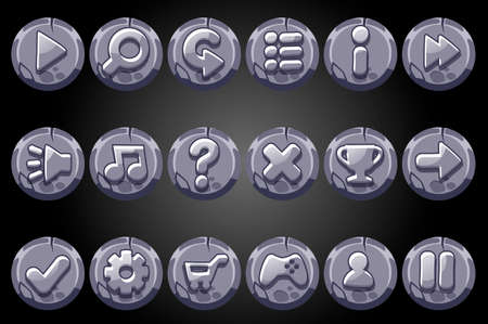 Round old stone buttons for game GUI. Vector set of signs app icons for user interface.のイラスト素材
