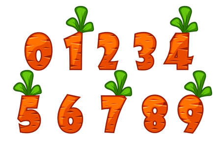 Cartoon carrot font numbers, bright orange for school. Vector illustration of a set of funny vegetable figurines.のイラスト素材