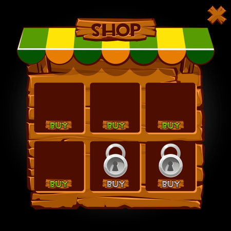 Wooden pop-up window banner shop for games. Vector illustration of shop, buy, lock icons.のイラスト素材