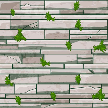 Seamless texture stone brick wall, gray pattern with grass for design.のイラスト素材