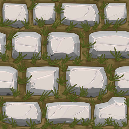 Cobble stones seamless texture with grass, gray vintage pattern for wallpaper.のイラスト素材