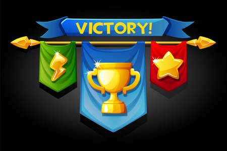 Victory banners, flags with golden cup icons for game assets.のイラスト素材