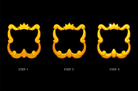 Gold frame templates with crown, blank avatar 3 steps of drawing for game.のイラスト素材