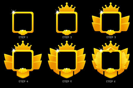 Gold frame game rank, square avatar template 6 steps animation for ui game.のイラスト素材