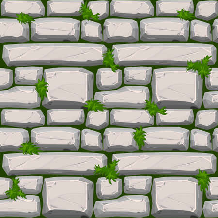 Cobble stones seamless texture with grass, gray vintage road pattern for wallpaper.のイラスト素材