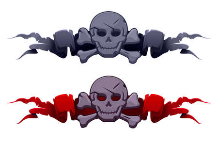 Stone Skull on the award ribbons for the game ui. Vector illustration set of gray tag banners, rock scary skulls for graphic design.のイラスト素材